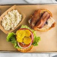 Chipotle Chicken Burger · Gluten-friendly available. chicken breast, thick-cut bacon, swiss cheese, red onions, lettuc...