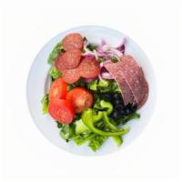 Antipasto Salad And Wings · Salami and pepperoni, tossed over crisp lettuce with tomatoes, black olives, red onions and ...