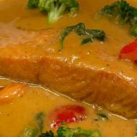 Siam Salmon · Crispy fried salmon filet with panang curry or spicy Thai basil sauce served with a portion ...