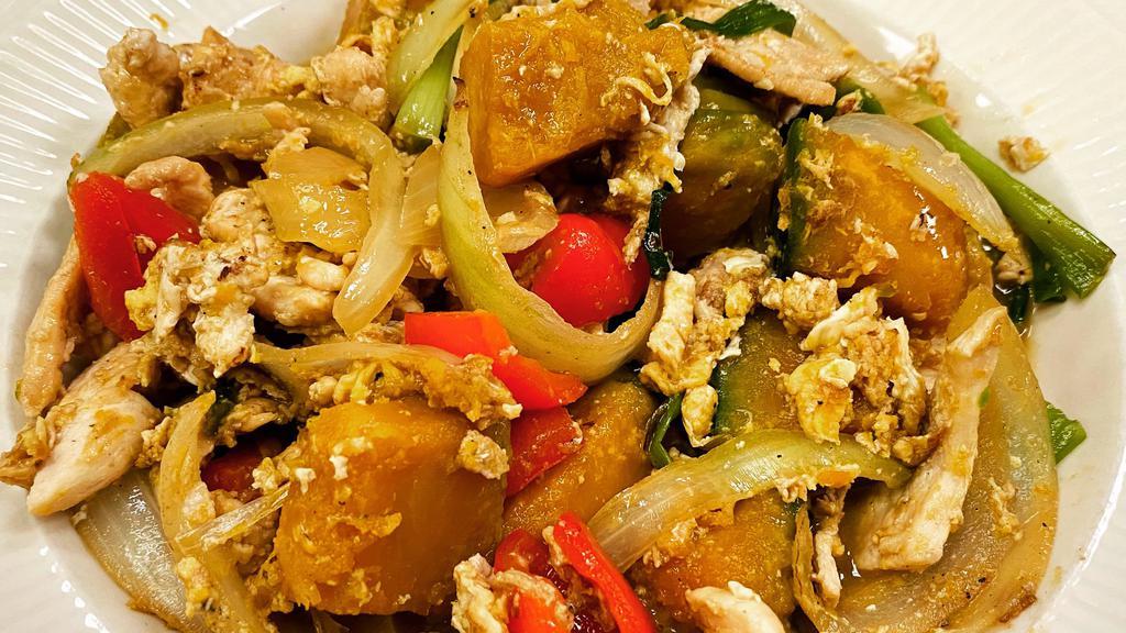 Pad Pumpkin · Golden pumpkin stir fried with egg, green onion, and bell pepper with choice of meat. Served with your white jasmine rice.