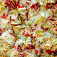 Green Island Pizza · Green pesto sauce with artichoke hearts, sun-dried tomatoes, roasted red peppers, and mozzar...
