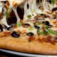 The Veg Head · Black olives, mushrooms, green peppers, onions, sun-dried tomatoes, and mozzarella cheese.
