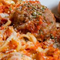 Spaghetti · Spaghetti pasta and homemade marinara sauce topped with mozzarella and parmesan cheese.  Add...