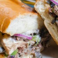 Philly Steak Grinder · Philly steak, fresh mushroom, onions, green pepper, cheese, and mayo