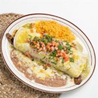 Burrito Verde · Flour tortilla stuffed with steak or grilled chicken, beans, rice, and cheese, topped with c...