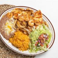 Chicken Breast With Shrimp · Perfectly grilled chicken breast and shrimp accompanied with onions. Served with rice, beans...