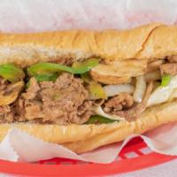 The Works Cheesesteaks · Steak with cheese, peppers, fried onions and mushrooms.