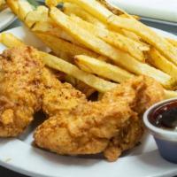 Hook & Ladder Chicken Tenders · All-white meat chicken tenders fried golden and served with dipping sauce.