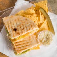 Tuna Melt Panini · Tuna, Cheddar cheese, lettuce, tomato, and mayonnaise.
Served with chips and pickle