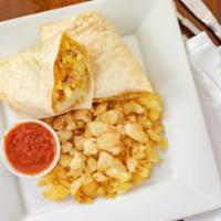 Breakfast Burrito Wrap · Bacon, sausage or ham. Three scrambled eggs with your choice of meat, potatoes and melted ch...