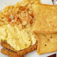Belly Buster · Three eggs any style, two pancakes, or two French toast with bacon, sausage link, or sausage...