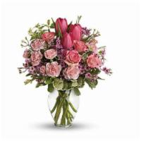 Full Of Love Bouquet · Spring into pink! Delicate roses, tulips, and carnations fill a graceful vase with a cheerfu...