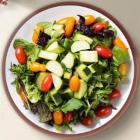 House Salad · Fresh Green Lettuce Mix, Tomatoes, Black olives, Red Onions, Bell Peppers & Mozzarella.