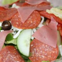 Italian Salad · Ham and salami tossed over crisp lettuce with tomatoes, black olives, cucumber, red onions, ...