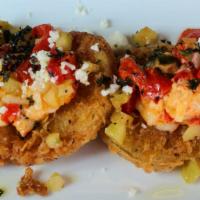 Fried Green Tomatoes · House pimento cheese, green tomato relish, cotija cheese (Vegetarian)