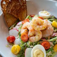 Shrimp Louie Salad · Citrus-poached shrimp, asparagus, deviled eggs, lettuce blend, tomatoes, radish, housemade 1...