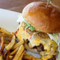 Fried Green Tomato Burger · Pimento cheese, fried green tomato, lettuce, onion, mayo, hand-cut fries