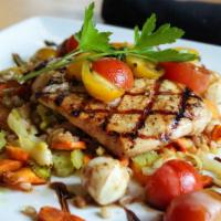 Grilled Chicken Caprese · Tomatoes, mozzarella, basil, balsamic vinegar, farro with roasted vegetables