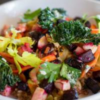 Roasted Vegetables & Farro · Roasted vegetables with farro, orange kale emulsion, kale chips (Vegetarian)
