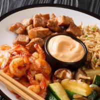 Chicken & Shrimp Hibachi · Comes with fried rice, vegetables and white sauce.