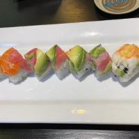 Rainbow Roll · California roll topped with tuna, salmon, snapper, shrimp, and avocado.