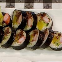 Kimbap · Korean Sushi Roll With Bulgogi Beef, Carrots, Crab, Cucumber, Daikon,  and Sesame Rice Rolle...