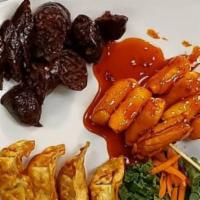 Korean Street Food Platter · Spicy Fried Rice Cake Sticks (2) Fried Dumplings (4) Soon Dae( Korean Sausage)