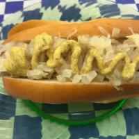The New York Hot Dawg · Topped with sauerkraut, onion sauce, and spicy brown mustard.