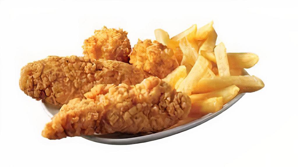 Chicken Strips · Three crispy fried chicken strip, french fries, dipping sauce
