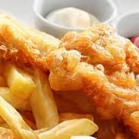 Fish Strips · Two strips of crispy fried fish, french fries, tartar sauce.