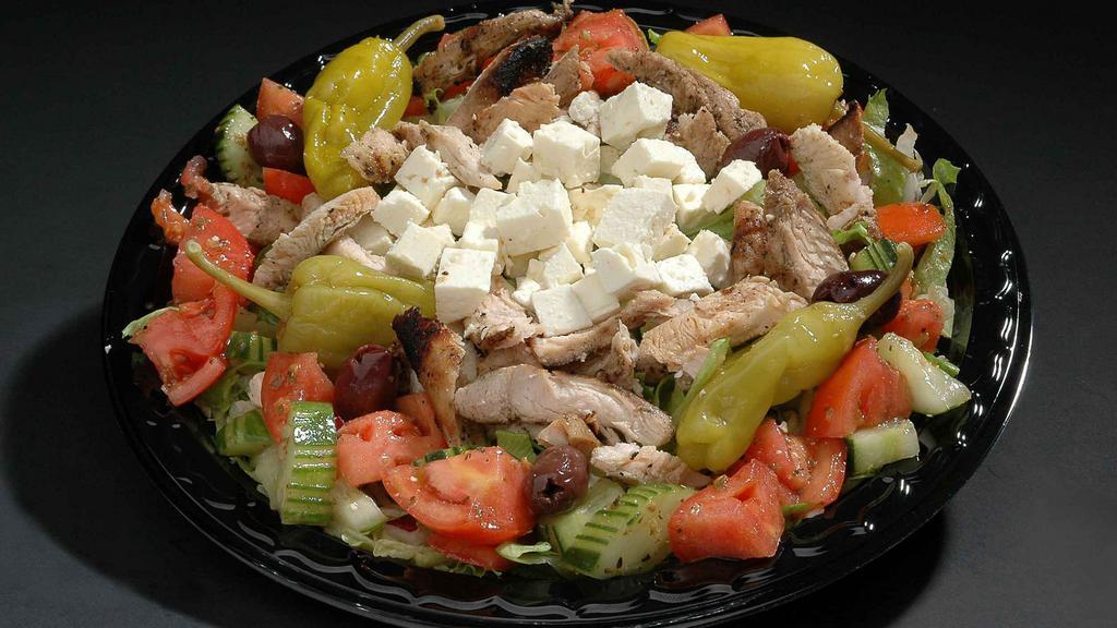 Greek Salad With Chicken · Romaine base, Feta cheese, Kalamata olives, pepperoncini, tomato, cucumbers, red onions