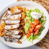 Pollo Rico  · Chicken fajita cook with onion, red and yellow bell peppers, over a bed of rice and covered ...