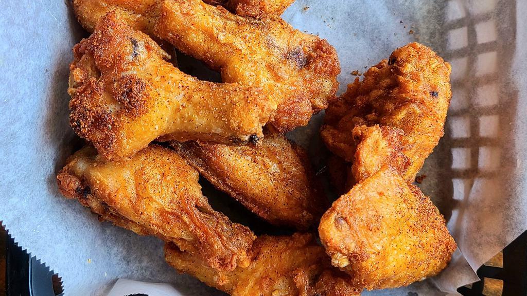 Wings · Flash fried, tossed in buffalo. bbq, or dry rub. served with ranch and celery.