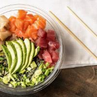 Sushi Bowl · Gluten free. Salmon, tuna, yellow tail, avocado, seaweed strip. Green onion, wasabi and soy ...