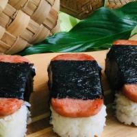 Musubi · Spam Musubi in our sweeten classic shoyu sauce over sushi rice wrapped in nori.