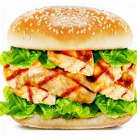 Grilled Chicken Burger · Grilled chicken breast with tomatoes, lettuce, onions, and American cheese.