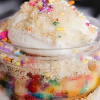 Birthday Cuppy Cake · Layers of funfetti cake, buttercream, sprinkles and homemade funfetti cake crumble in a reus...