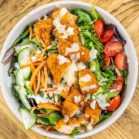 Crispy Chicken Salad · Golden fried chicken, white Cheddar cheese, cherry tomatoes, scallion, carrot and cucumber s...