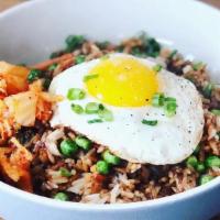 Fried Rice · Vegetarian, gluten free. White rice, peas, carrots, scallion, kimchi, egg.