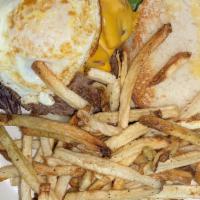Breakfast Burger · (½ lb.) Beef patty topped with an egg, bacon, and American cheese. Served with your choice o...