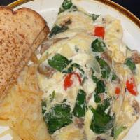Vegetable Omelet · Egg whites with mushrooms, onions, green bell peppers, tomatoes, and a blend of Monterey Jac...