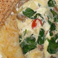 Spinach Omelet · Egg whites with sautéed onions, mushrooms, cherry tomato, tender baby spinach, and Swiss che...