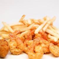 Shrimp 'N' Fries · Ten shrimp large fries and hush puppies.