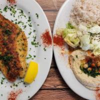 Grilled Redfish & Shrimp · Redfish & shrimp, grilled with our in-house seafood spices, served with feta cheese salad, r...