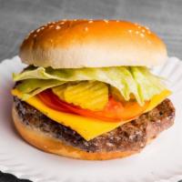 1/2 Lb Cheeseburger · 1/2 pound Beef patty, cheese, lettuce, tomato, and pickle.