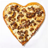 Ilysmush Pizza · Heart shaped pie with gooey cheese and mushrooms.