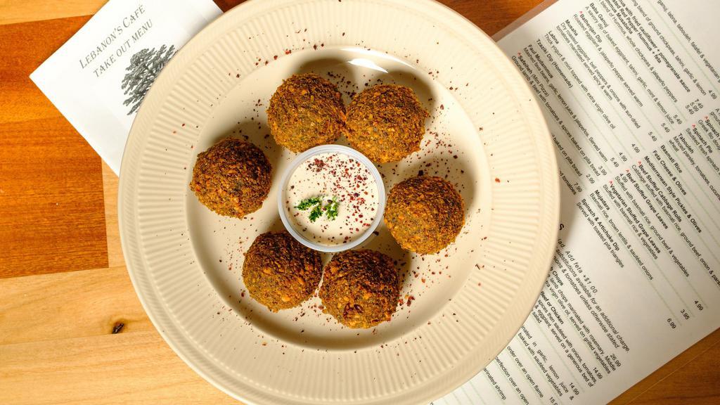 Falafel App · 6 pieces. Ground chickpeas with onion, parsley, garlic blended with special seasonings, and fried to perfection.