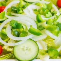 Garden Salad (Lg) · Lettuce, tomato, carrot, green pepper, cucumber, and onion. Add cheese for additional charge.