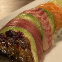 Rainbow Roll · California roll on top fresh salmon, shrimp, eel, tuna red snapper and avocado