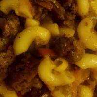 Makaroni Po Flotski · Navy style. Macaroni with ground beef, sauteed vegetables in homemade pasta.